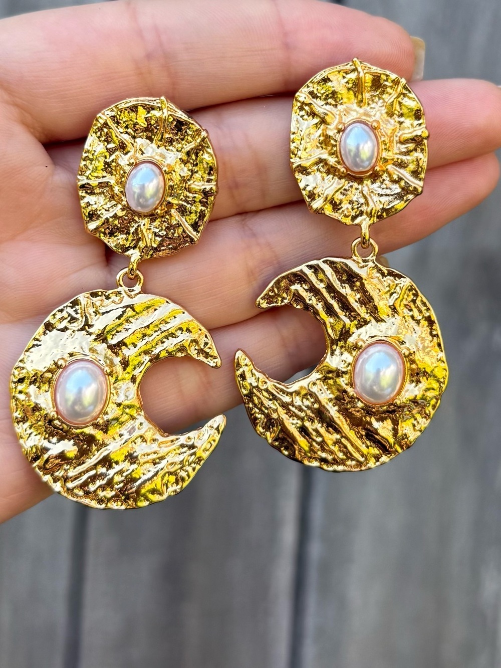 Gold Crescent & Pearl Drop Earrings - Picture 3 of 6